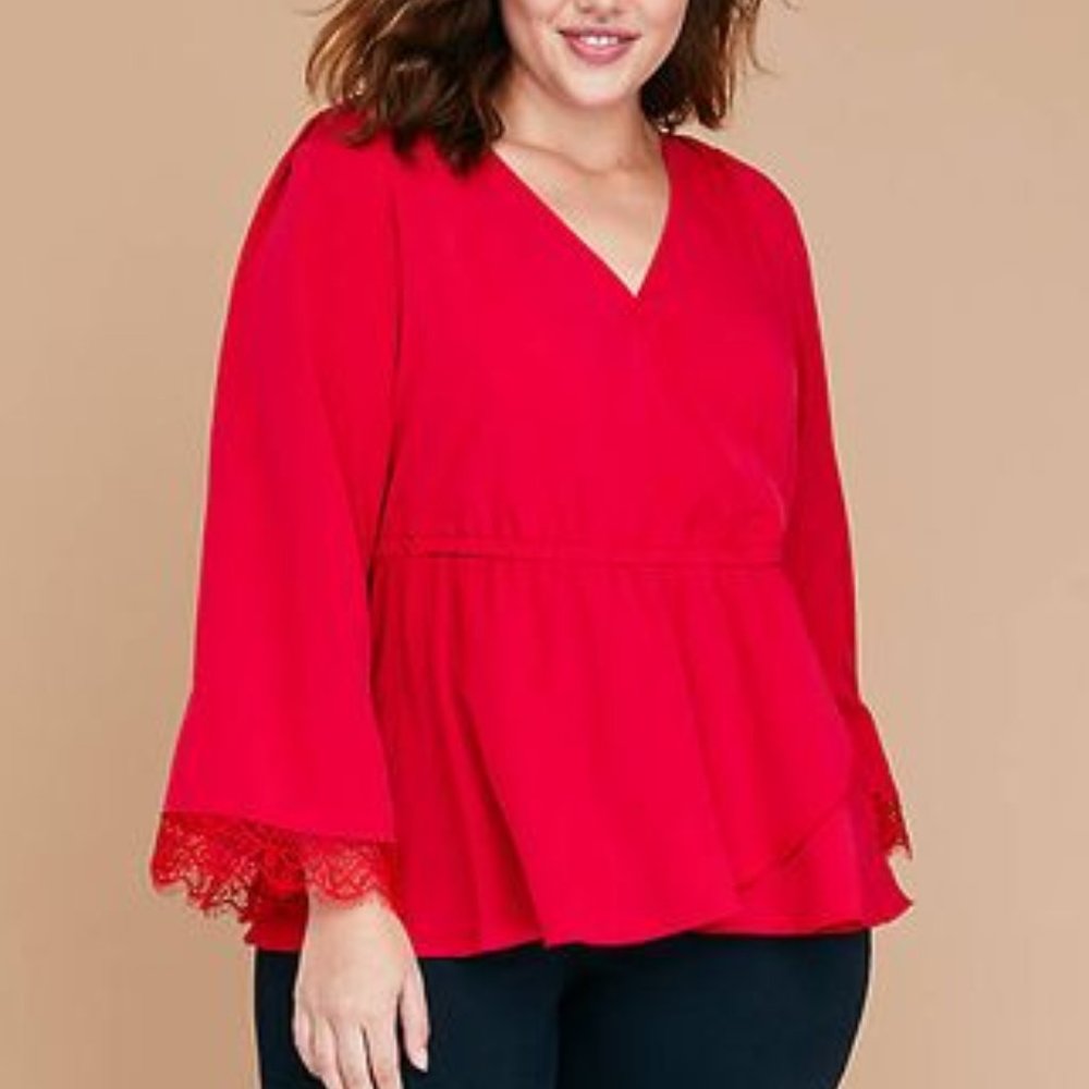 Lane Bryant | Faux Wrap Blouse with Lace Trimmed Cuffs | Romantic Red | Size 14